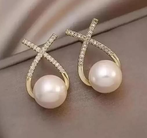 Pearlux™ Korean Cross & Pearl Stud Earrings – Gold-Plated Elegance