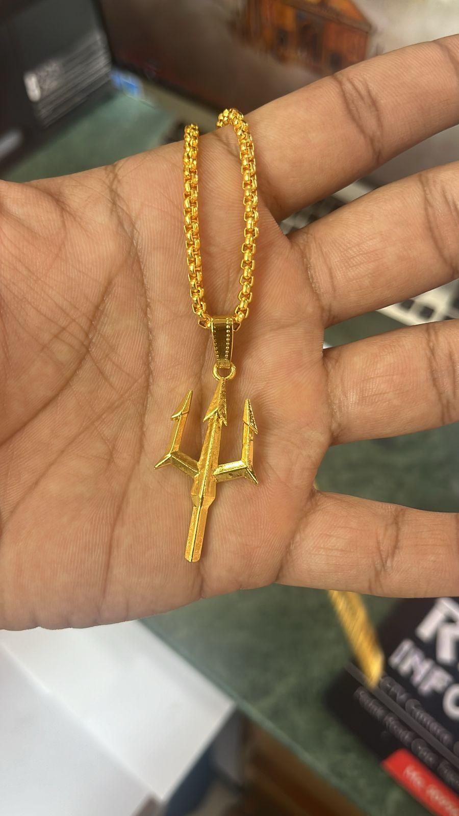 Divine Strength – Gold Plated Trishul Pendant Chain for Men