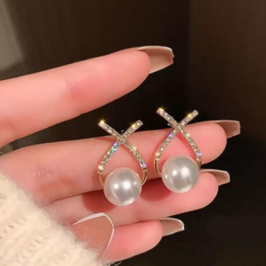 Pearlux™ Korean Cross & Pearl Stud Earrings – Gold-Plated Elegance