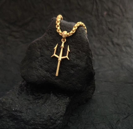 Divine Strength – Gold Plated Trishul Pendant Chain for Men